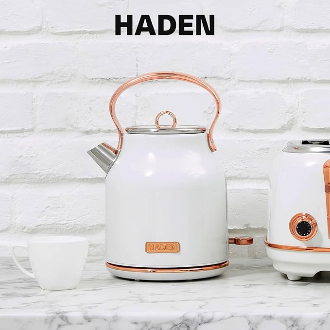 Haden Heritage 1.7 Liter Stainless Steel Electric Kettle, Hot Water Kettle with 360-Degree Base and Auto Shutoff, Ivory & Copper