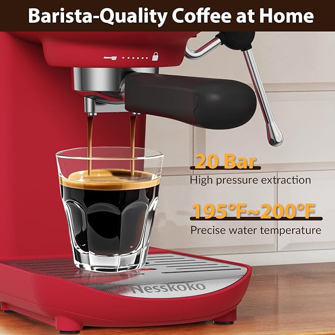 Espresso Machine with Steam Milk Frother Semi Automatic 20 Bar Compact Red with Toggle Switch for home Cafetera Espresso, Latte, Cappuccino, Americano, Macchiato