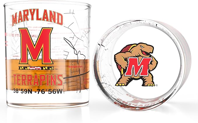Greenline Goods – University of Maryland Terrapins College Whiskey Glasses (Set of 2), 10 oz – Full-Color Logo + Campus Map