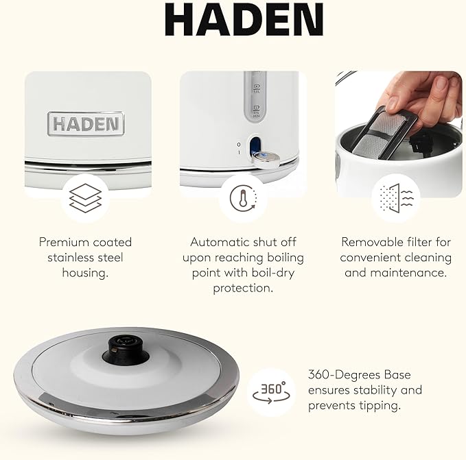 Haden Heritage 1.7 Liter Stainless Steel Electric Kettle, Hot Water Kettle with 360-Degree Base and Auto Shutoff, Ivory & Chrome