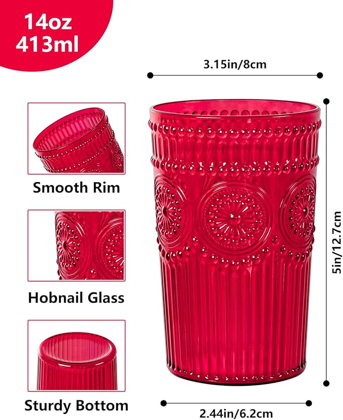 Ciaell 12 Pack Romantic Plastic Water Glasses - 14 Oz Red Vintage Drinking Glasses, Embossed Ribbed Plastic Cups, Textured Striped Set for Juice, Beverages, Beer, Cocktail, Christmas