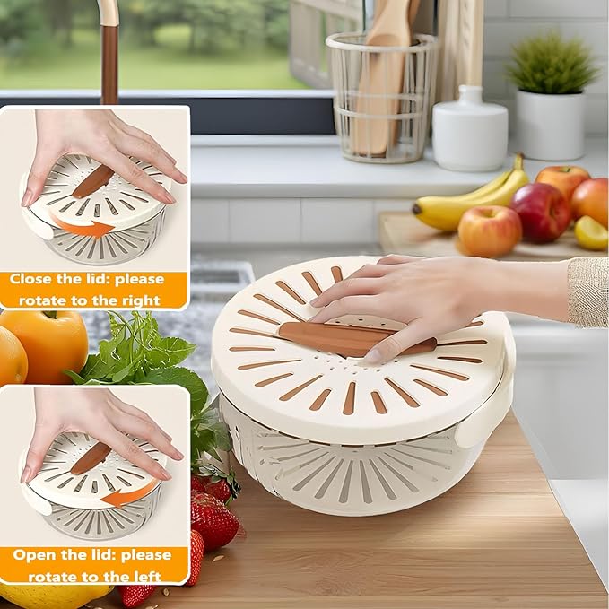 2 in 1 Draining and Preservation Basket,1QT(1000ML) Multipurpose Drain Basket with Lid & Foldable Handle,Fruit Strainer Container for Fridge Freshness,Outdoor Picnics