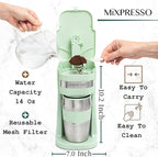 Mixpresso Green Personal Single Serve Coffee Maker with 14oz Travel Mug, Drip Small Coffee Maker with Auto Shut Off, Reusable Filter, Works with Ground Coffee Only – Not for K-Cup Pods