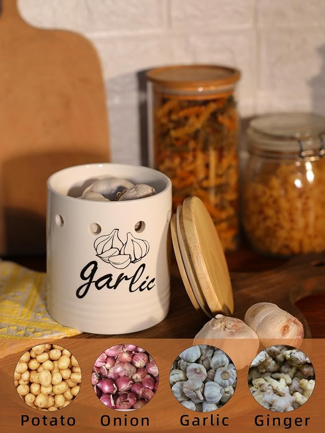 Large Garlic Keeper with Wood Lid, Ceramic Garlic Container for Counter,Garlic Saver to Keep Your Garlic Cloves Fresh Longer, 31 oz White