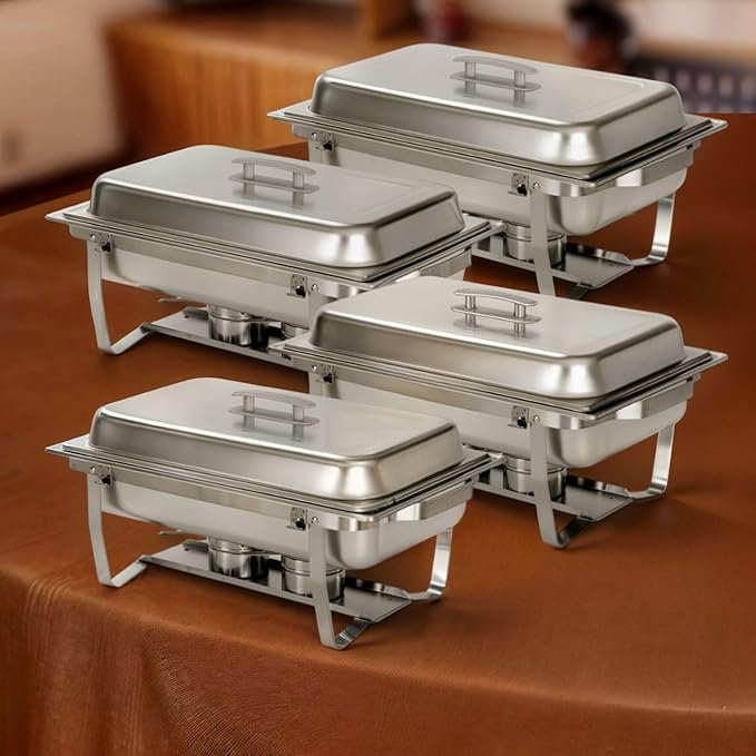 4 Pack 9.5QT Chafing Dish Full Set – Stainless Steel Catering Chafer with Lids, Pans & Fuel Holders – Buffet Food Warmers for Parties, Events & Weddings (Rolled Edges)