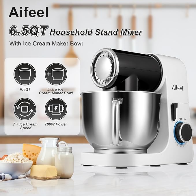 Aifeel Stand Mixer,6.5QT Mixer with 2QT Ice Cream Maker Bowl, Kitchen Electric Mixer Multifunctional Bread Dough Mixer with Dough Hook,Whisk & Beater, Food Mixer for Baking (Black-White)