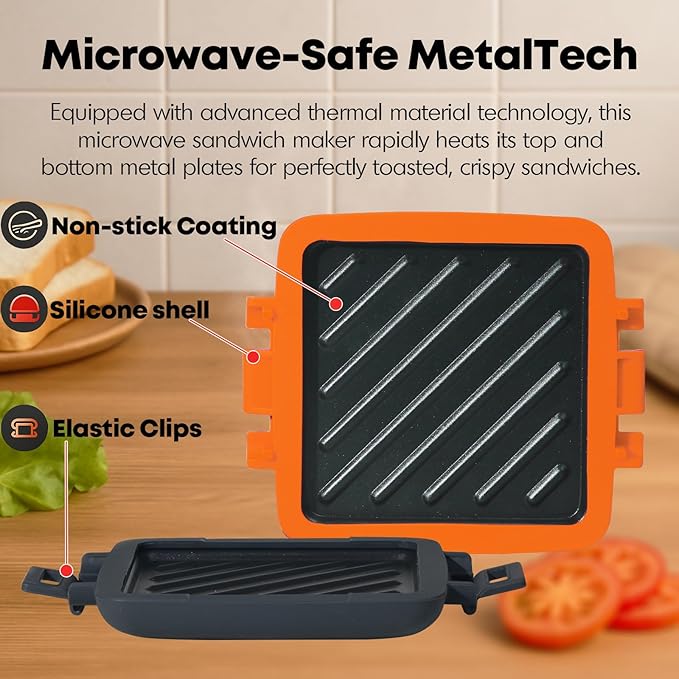 Microwave Toastie Sandwich Maker, Snack Maker & Panini Press, Removable Non-Stick Plates Silicone Microwavable Cookware, Heatwave Technology, Orange