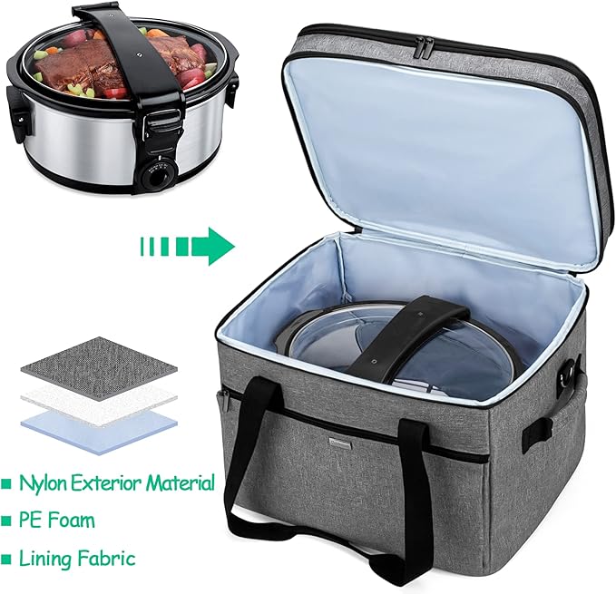 Yarwo Slow Cooker Bag Compatible with Crock-Pot/Hamilton Beach 8-10 Quart, Double Layers Slow Cooker Travel Carrier Case for Kitchen Appliance and Accessories, Gray (Bag Only)