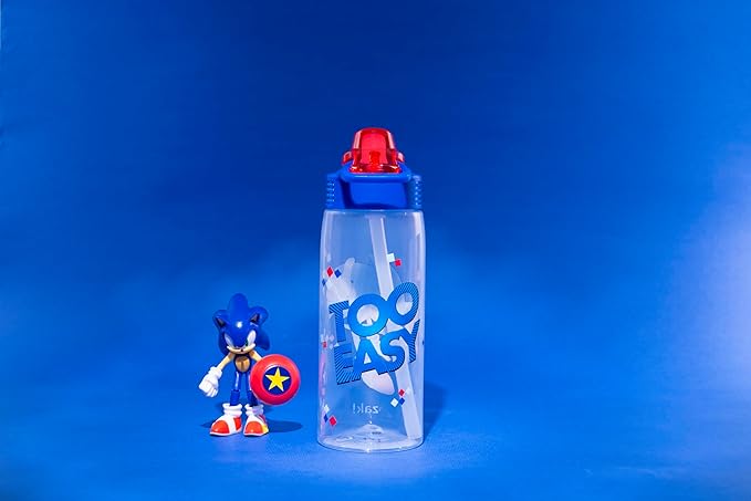 Zak Designs Sonic the Hedgehog Sage Water Bottle For School or Travel, 25oz Durable Plastic Water Bottle With Straw, Handle, and Leak-Proof, Pop-Up Spout Cover (Sonic)