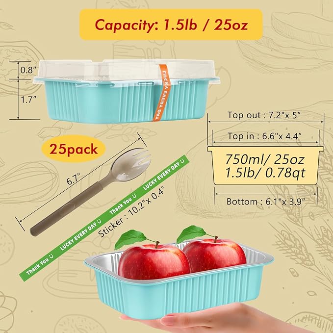 LNYZQUS 1.5lb Small Baking Pans with Lids 25 Pack, 7” x 5” Aluminum Foil Containers Individual Cake Tins,24oz Heavy Duty Takeout Leftover Containers Meal Prep Holders Boxes for Oven-Blue