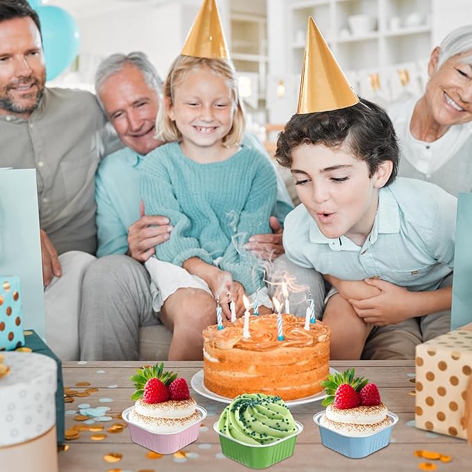 Aoriher 150 Pieces 10 oz Mini Cake Pans with Lids Aluminum Foil Baking Cups Square Disposable 4" x 4" Large Cupcake Cups Baking Tins for Kitchen Brownie Pudding Desserts Holders(Pink Blue Green)