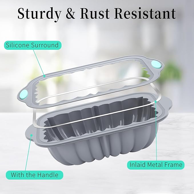 To encounter 65 Pieces Silicone Baking Pans Set, Metal Framed Silicone Tube Cake Pans, Nonstick Fluted Loaf Pans for Muffin, Cake, Bread, with Measuring Cups and Spoons Set, Light Grey