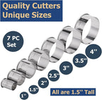 Cookie Cutters Set, 7 Pc. Kit, Measuring 1'', 1.5'', 2'', 2.5'', 3'', 3.5'', and 4'', Round Metal Baking Rings for Pastry, Biscuits, and Dough Cutting, Heavy Duty and Reusable, Multiple Sizes