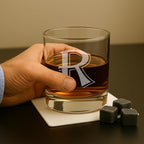 On The Rox Drinks (R-Monogram)- 4 Piece Set of 11 Ounce Engraved Heavy Base Rocks Glasses Elegant Glass-Multi-Purpose Beverage-Rocks Glass- Gift for any Occasion