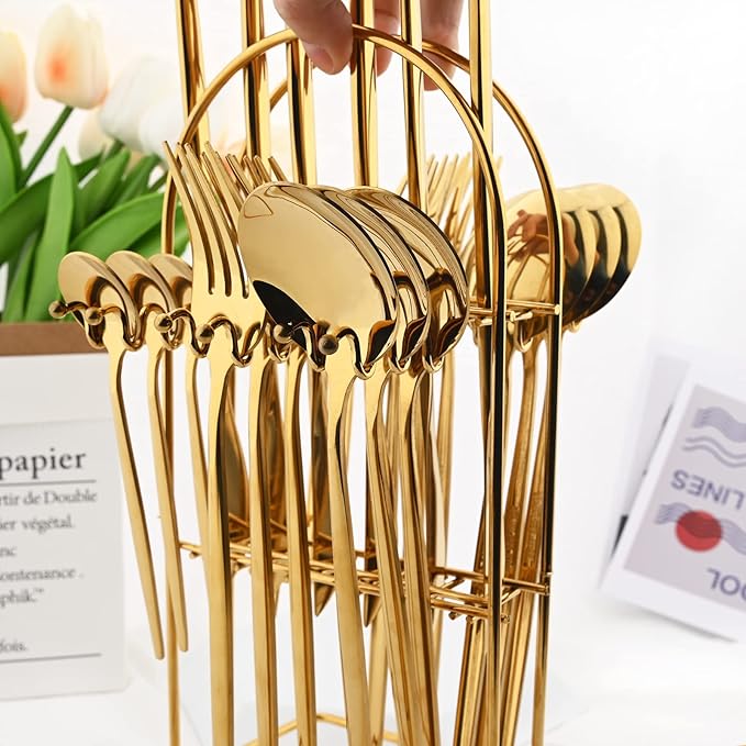 24-Piece Mirror Gold Cutlery Set, Snplowum Stainless Steel Flatware Hanging Tableware Silverware Set Include Knife/Fork/Spoon/Teaspoon and Storage Rack For Daily Use, Service For 6