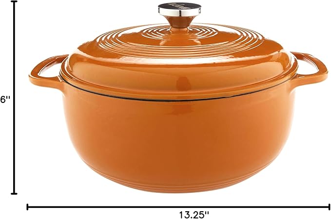 Lodge 6 Quart Enameled Cast Iron Dutch Oven with Lid – Dual Handles – Oven Safe up to 500° F or on Stovetop - Use to Marinate, Cook, Bake, Refrigerate and Serve – Apricot
