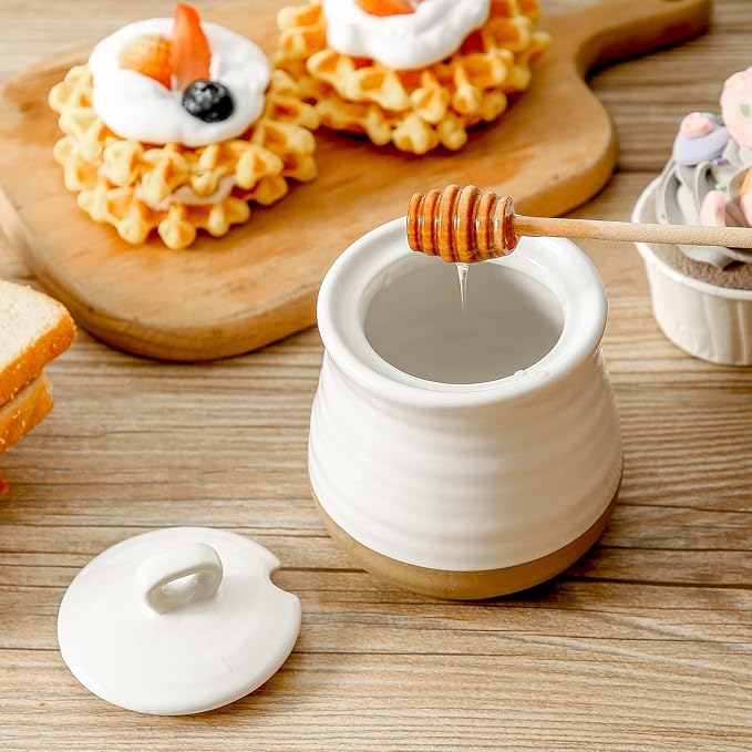 Hasense Ceramic Honey Pot with Lid and Dipper Stick, 12 Ounce HoneyJar Dish for Home Kitchen, Farmhouse Honey Container for Christmas Gift, Dishwasher Safe, White