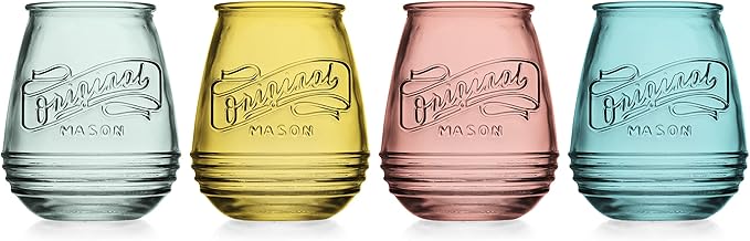 Wine Glasses Set Of 4 Assorted Colored Stemless Glasses 21 OZ. Original Mason Large Wine Cup, Red and White Wine Drinking Water Glasses. Juice, Cocktails, Smoothies, Vintage Bar