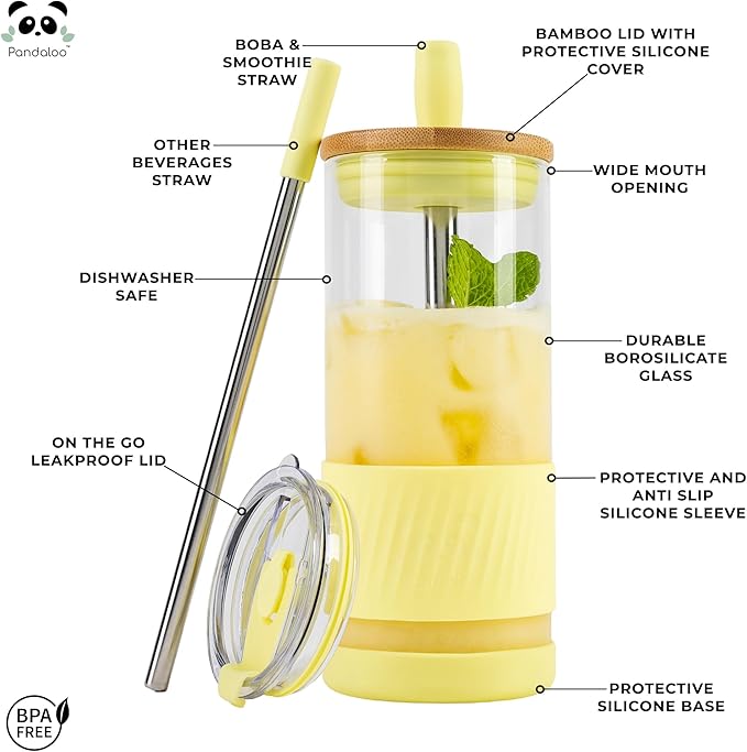 Pandaloo® Glass Cups With Lids and Straws -20 Fl Oz- Perfect Size Iced Coffee Cup - Smoothie Cup With Bamboo Lid and On the go Lid (Sunny Lime, 1 Count (Pack of 1)