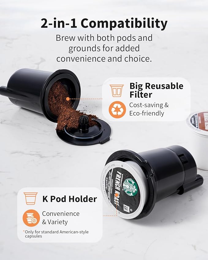 Hot & Iced Coffee Maker with Bold Setting, Single Serve Coffee Maker for K Cup and Grounds, 6-14 Oz Brew Sizes, 50 Oz Removable Water Tank, One Cup Coffee Machine with Reusable Filter, Grey