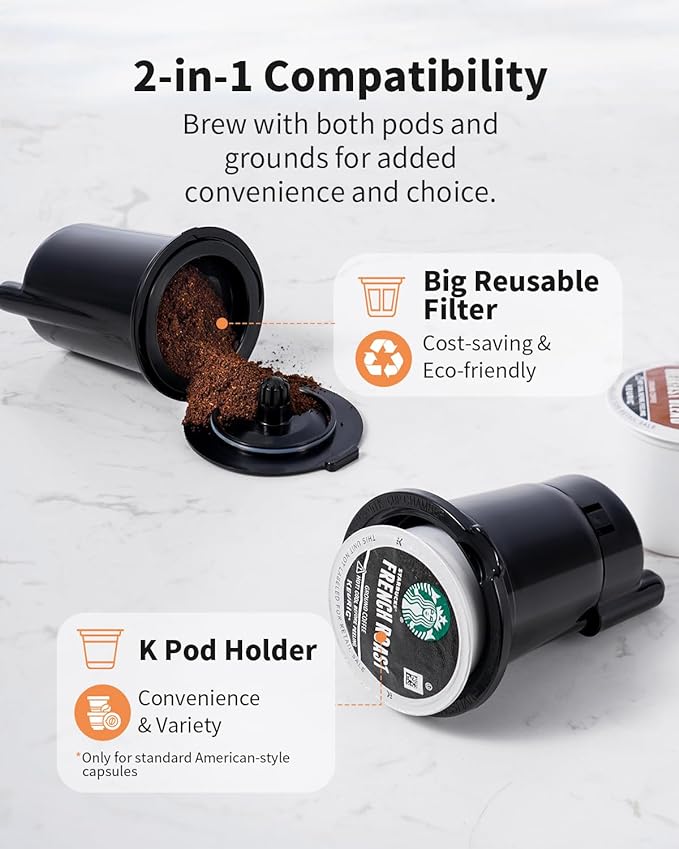 Hot & Iced Coffee Maker with Bold Setting, Single Serve Coffee Maker for K Cup and Grounds, 6-14 Oz Brew Sizes, 50 Oz Removable Water Tank, One Cup Coffee Machine with Reusable Filter, White