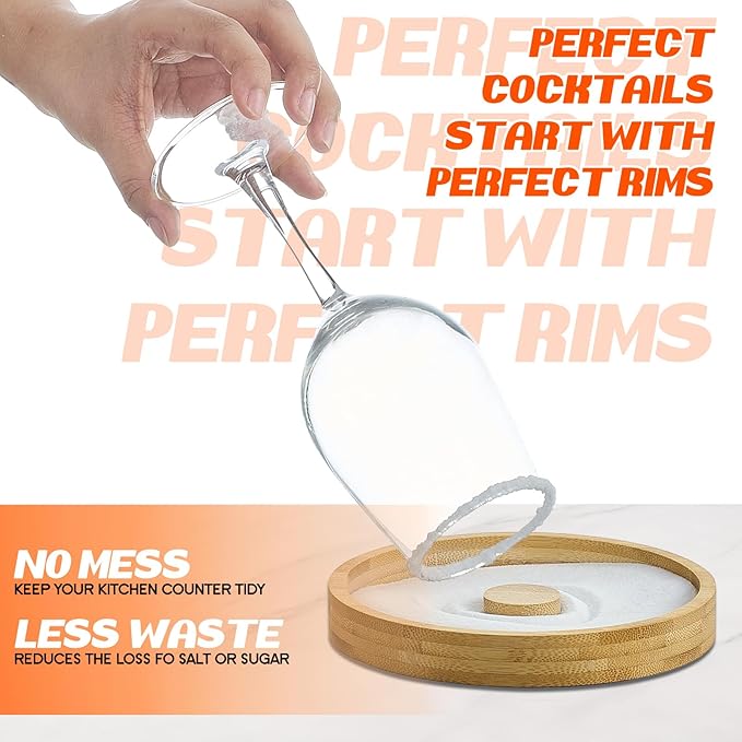 2 Pcs Margarita Salt Rimmer Set Glass Rimmer with Lid Home Bar Accessories Plate for Sugar Drinks Cocktails Bartender Tool Kit Party Restaurant, 5.9" Diameter (Bamboo)