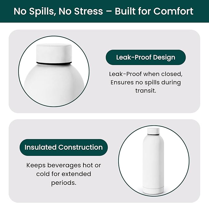 NOBL Stainless Steel Water Bottle,17 oz, 500 ml, Double Wall Vacuum Insulation, Sealed Bottle Keeps Drinks Cold 24 Hrs & Hot 12 Hrs, Leak Proof, Fits Noble Carry-On Cup Holder - White