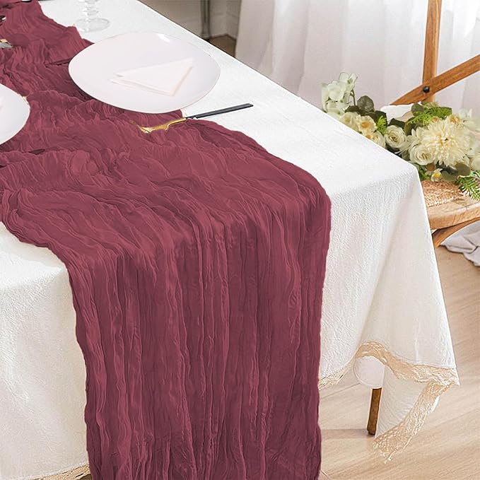 12 Pack Burgundy Cheesecloth Table Runner 10ft Boho Gauze Cheese Cloth Table Runner Rustic Sheer Runner 120 inch Long for Christmas Wedding Table Decorations