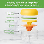 Tovolo All-in-1 Citrus Juicer and Zester Set, White & Yellow – Manual Juicer with Measuring Cup, Dual Reamers, BPA-Free, Dishwasher Safe, Compact Storage