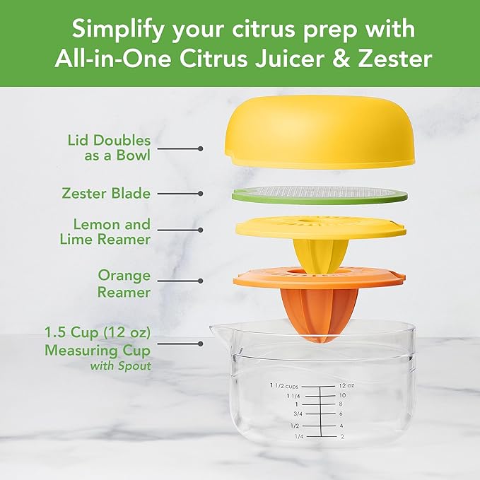 Tovolo All-in-1 Citrus Juicer and Zester Set, White & Yellow – Manual Juicer with Measuring Cup, Dual Reamers, BPA-Free, Dishwasher Safe, Compact Storage