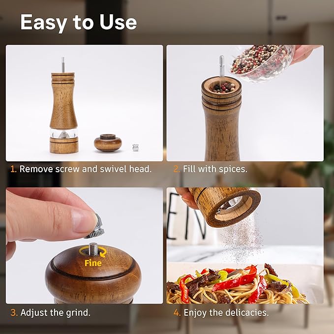 Wood Salt and Pepper Grinder, Salt Grinder and Pepper Mill, Oak Wood Shakers with Adjustable Ceramic Grinders - 6 inches, 1 Pack