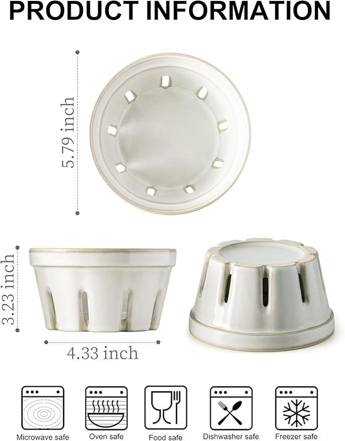 Gomakren Fruit Bowl with Holes, Ceramic Berry Basket Set of 2, 5.8 Inch Round Fruit Basket for Kitchen, Berry Containers Colander - Farmhouse Kitchen Decor, White