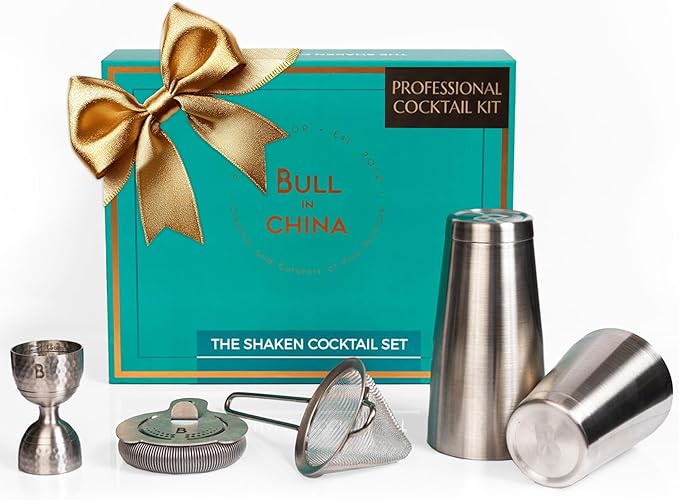 5 Piece Cocktail Kit by Bull In China - Premium Bartender Gift Set Includes Weighted 2 Piece Boston Shaker, Hammered Bell Jigger, Hawthorne Strainer & Fine Mesh Strainer (Stainless Steel)
