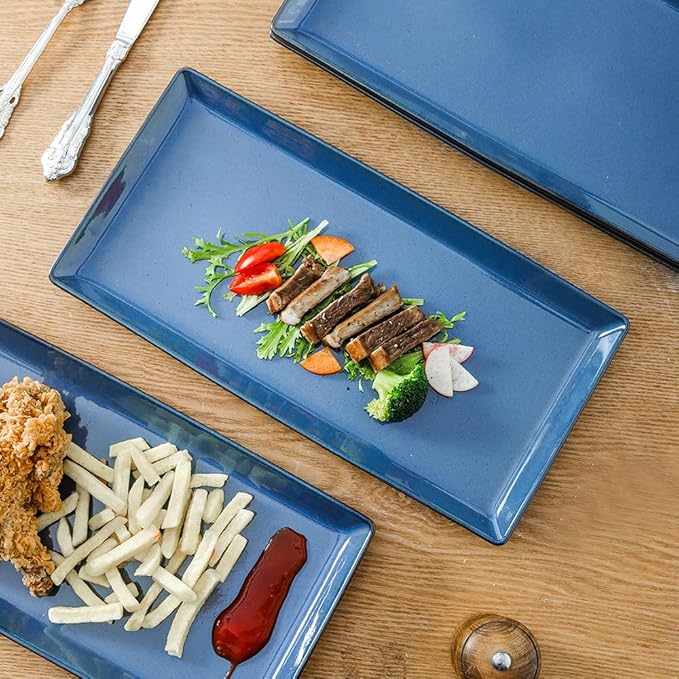 KOOV Ceramic Serving Tray, 14 Inches Large Serving Platter, Rectangular Serving Tray, Porcelain Serving Plates, Ceramic Serving Dishes for Dinner, Party, Sushi, Dessert, Food, Set of 4 (Stone Blue)