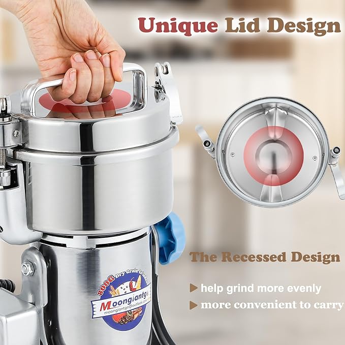 Moongiantgo Grain Mill Grinder Electric 800g High Speed Stainless Steel Grinder Pulverizer Commercial Motor with Overload Protector Grinding Machine for Dry Spice Cereals Coffee Corn Rice Pepper
