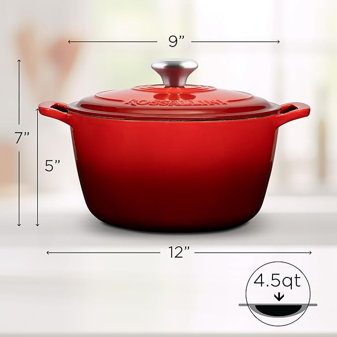 Signature Enameled Cast Iron Dutch Oven, Non-Stick Serving Pot with Tight Fitting Lid for Perfect Roasting, Baking, Sauteing, and Bread Making | 4.5Q (4.2L) - Red