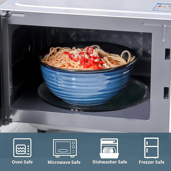 Hasense Ceramic Salad Bowls, 8.5 Inch Large Serving Bowls, 60 oz Serving Dishes for Entertaining Soup Pasta Ramen Pho Fruit Popcorn, Dishwasher and Microwave Safe, Set of 2, Navy Blue