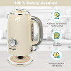 Electric Kettles1500W, 1.7L Stainless Steel Tea Kettle with Thermometer, Auto Shut-Off & Boil-Dry, Cool Touch Handle, BPA Free Kettle & Hot Water Kettle (Beige)