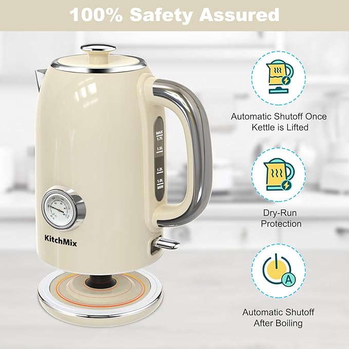 Electric Kettles1500W, 1.7L Stainless Steel Tea Kettle with Thermometer, Auto Shut-Off & Boil-Dry, Cool Touch Handle, BPA Free Kettle & Hot Water Kettle (Beige)