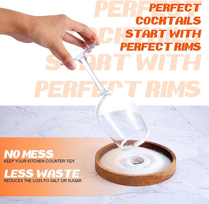 6 Pcs Margarita Salt Rimmer Set Glass Rimmer with Lid Home Bar Accessories Plate for Sugar Drinks Cocktails Bartender Tool Kit Party Restaurant, 5.9" Diameter (Acacia Wood)