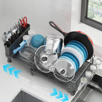 GSlife Expandable Dish Drying Rack - Large Dish Racks for Kitchen Counter with Pan Slot, Anti-Rust Sink Dish Drainer with Drainboard and Utensil Holder, 26.2" Lx12.6 W, Black