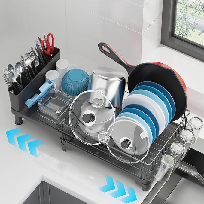 GSlife Expandable Dish Drying Rack - Large Dish Racks for Kitchen Counter with Pan Slot, Anti-Rust Sink Dish Drainer with Drainboard and Utensil Holder, 26.2" Lx12.6 W, Black