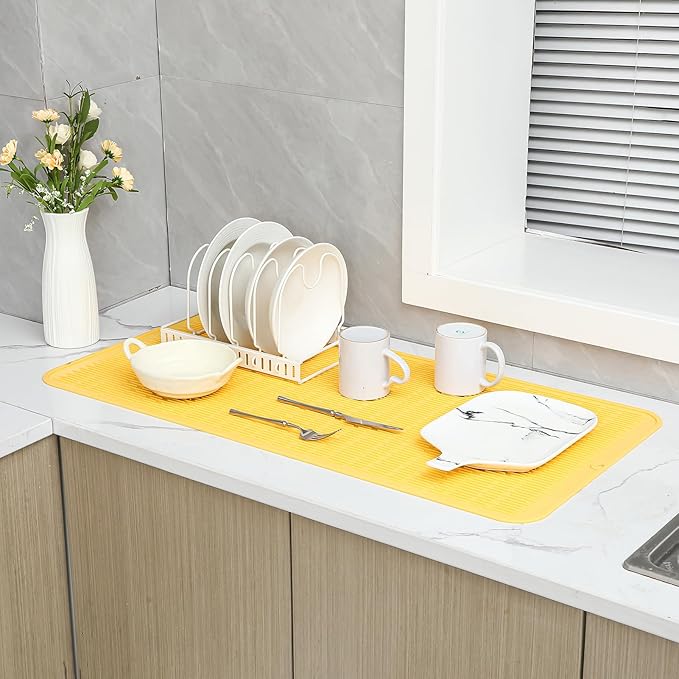 Silicone Dish Drying Mat for Multiple Usage,Easy clean,Eco-friendly,Heat-resistant Silicone Mat for Kitchen Counter or Sink,Refrigerator or Drawer Liner Yellow 5XL 36inches x 18inches