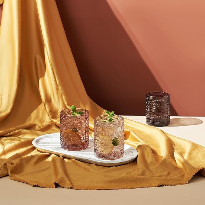 Khen Hobnail Beaded Highball Drinking Tumbler Glasses | Set of 6 | Color, Vintage Bubble Design Whiskey Glassware, Old-Fashioned, Embossed Design for Water, Wine, Cocktail Embossed, Rocks Glass