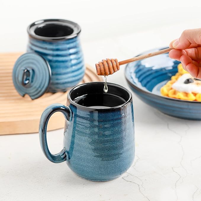 Hasense Ceramic Honey Pot with Lid, 12 Ounce HoneyJar with Wooden Dipper, Honey Dipper Stick and Jar Set, Cute Small Container for Christmas Thanksgiving Gift, Dishwasher Safe, Blue