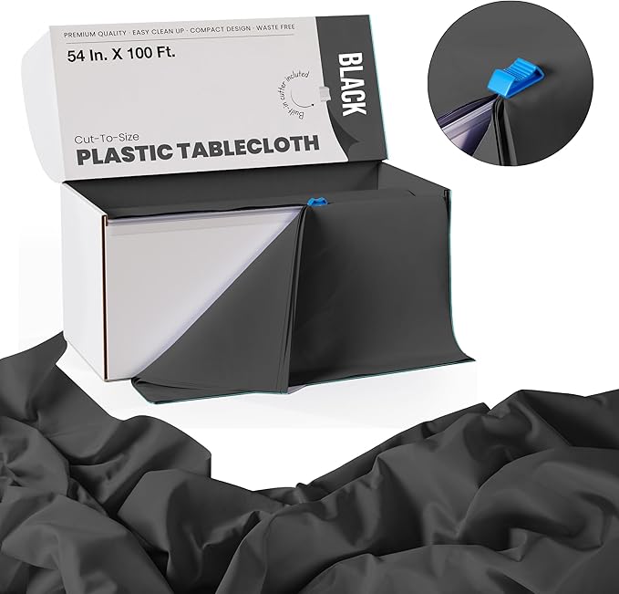Exquisite Party Solids 54 Inch X 100 Feet Black Plastic Table Cover Roll in A Cut - to - Size Box with Convenient Slide Cutter. Cuts Up to 12 Rectangle 8 Feet Plastic Disposable Tablecloths