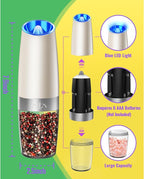 Rongyuxuan Gravity Salt and Pepper Mill Set, Electric Automatic Pepper Grinder Mill Shaker with Battery Powered,Stainless Steel,Blue LED Light,Adjustable Coarseness,One Hand Use,Khaki