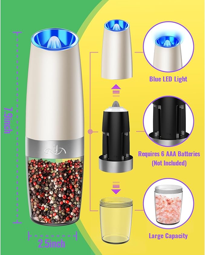 Rongyuxuan Gravity Salt and Pepper Mill Set, Electric Automatic Pepper Grinder Mill Shaker with Battery Powered,Stainless Steel,Blue LED Light,Adjustable Coarseness,One Hand Use,Khaki