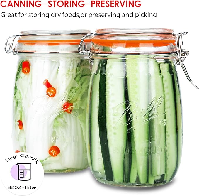 Wide Mouth Glass Jars with Airtight Lid 32OZ 4 Pack, Kitchen Storage Large Clear Canister Jars with Hinged Lid with Measurement Marks For Canning,Coffee,Flour,Sugar,Beans