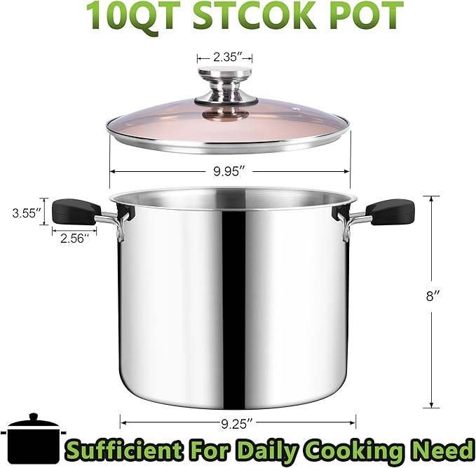 E-far 10 Quart Stock Pot, Tri-ply Stainless Steel Stockpot with Lid for Cooking Stewing Simmering Soup, Stay-Cool Handles & Heavy Duty, Compatible with Induction Gas Electric, Dishwasher Safe